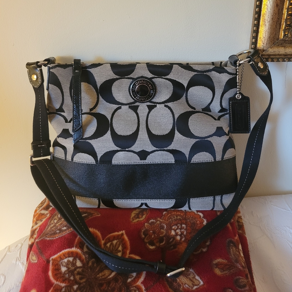 Coach Black and Gray Crossbody Bag with Signature Monogram